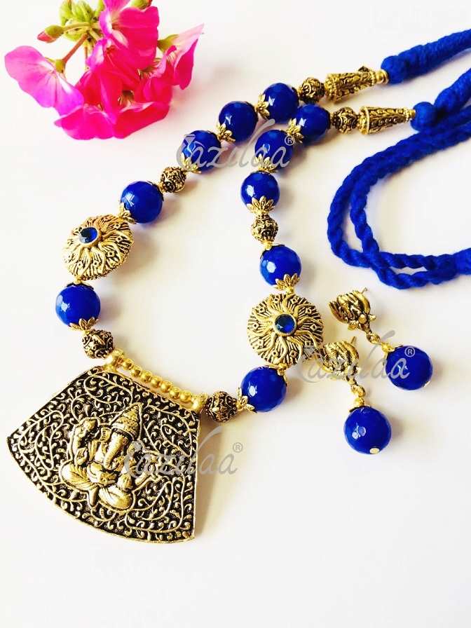 Ganesha pendant necklace set, Blue beads jewellery set