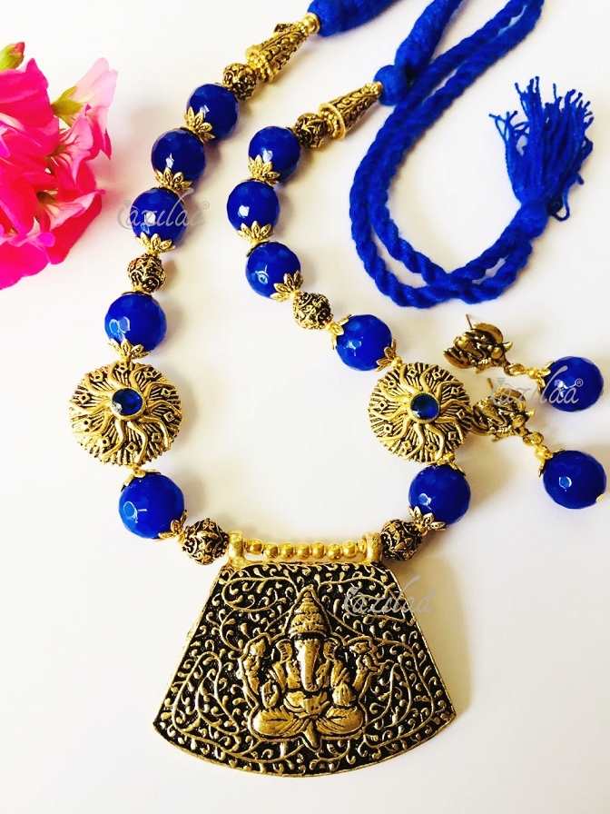 Ganesha pendant necklace set, Blue beads jewellery set