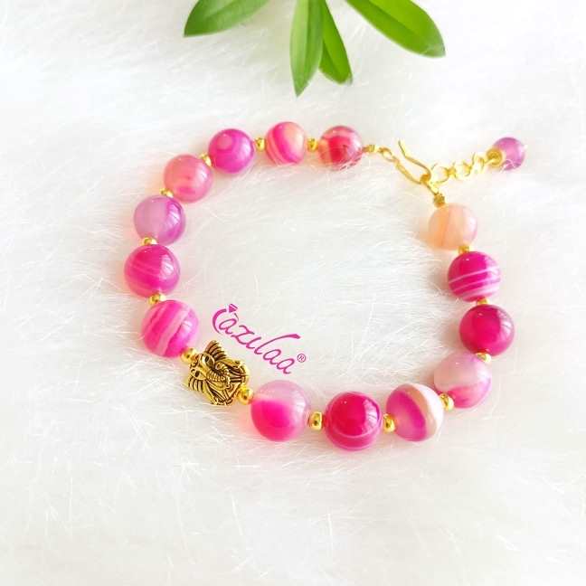 Ganesha pink agate gemstone golden beaded bracelet 