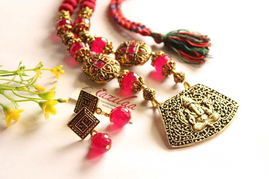  Ganesha pinkish maroon Antique gold tone  necklace earrings set