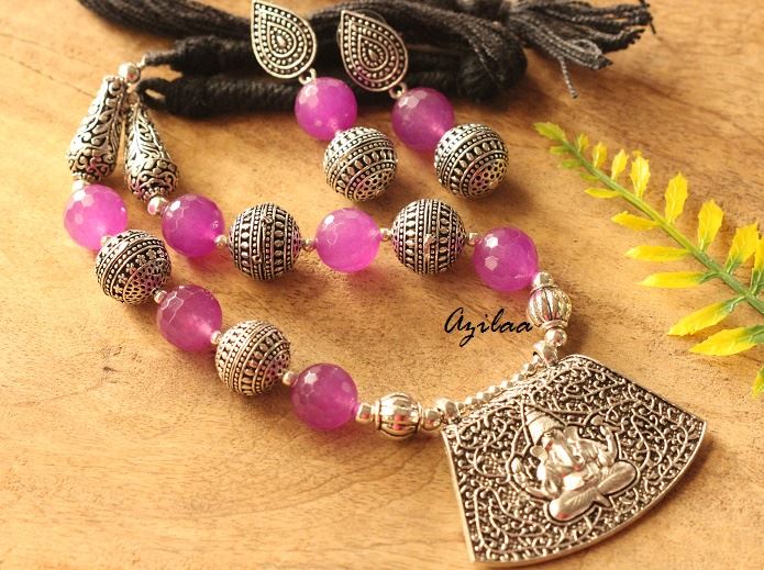 Ganesha purple handmade Gemstone Necklace earring set