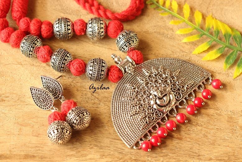 Ganesha red  handmade Gemstone Necklace earring set