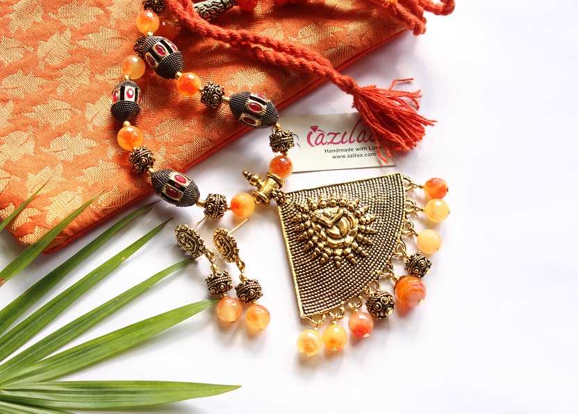  Ganesha shaded orange gemstone handmade necklace earring set