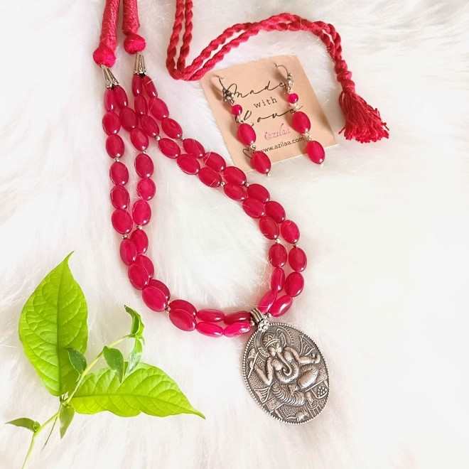Ganesha sterling silver pendant maroon pink necklace set
