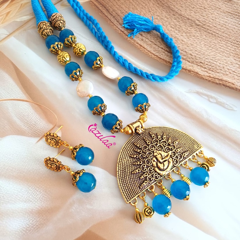 Ganesha teal blue gemstone necklace set