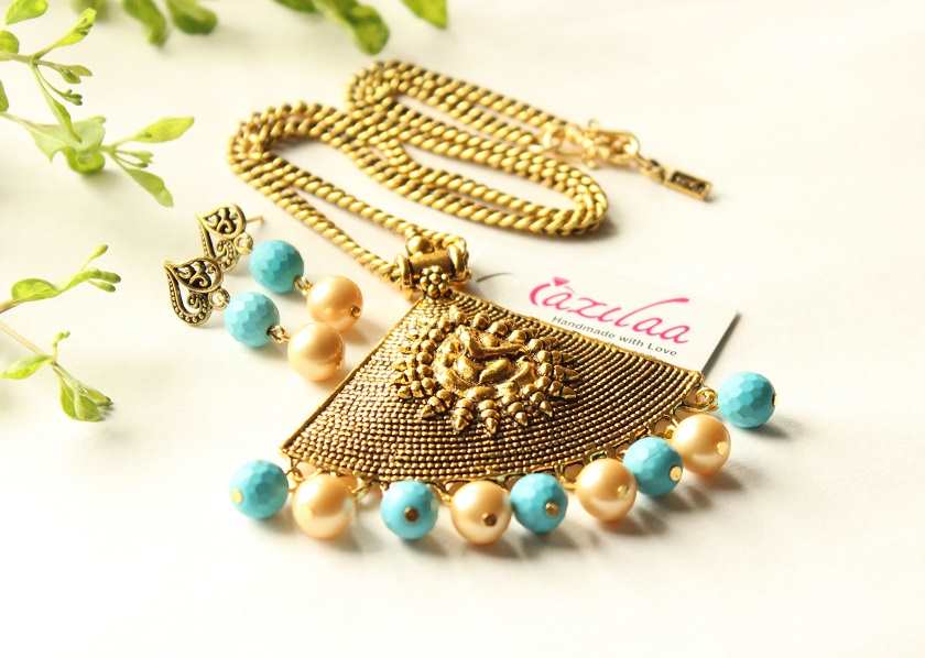  Ganesha turquoise pearl antique gold tone necklace earrings set