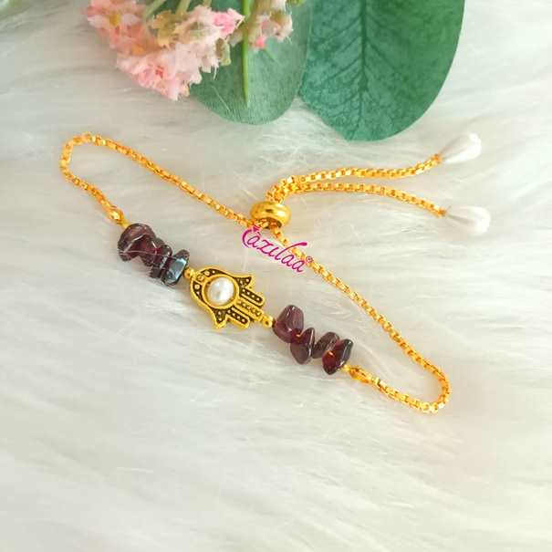 Garnet Designer Birthstone golden chain charm pearl bracelet