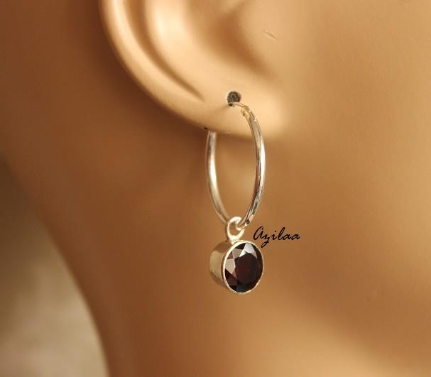 Garnet  Sterling silver gemstone hoop earrings
