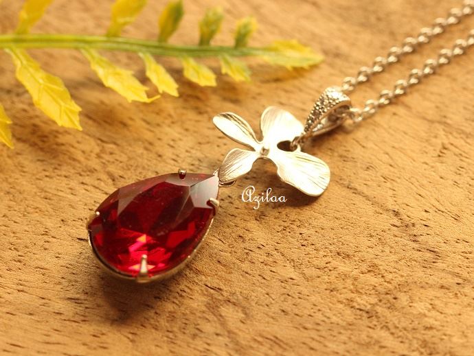 Garnet red Crystal CZ flower pendant silver necklace