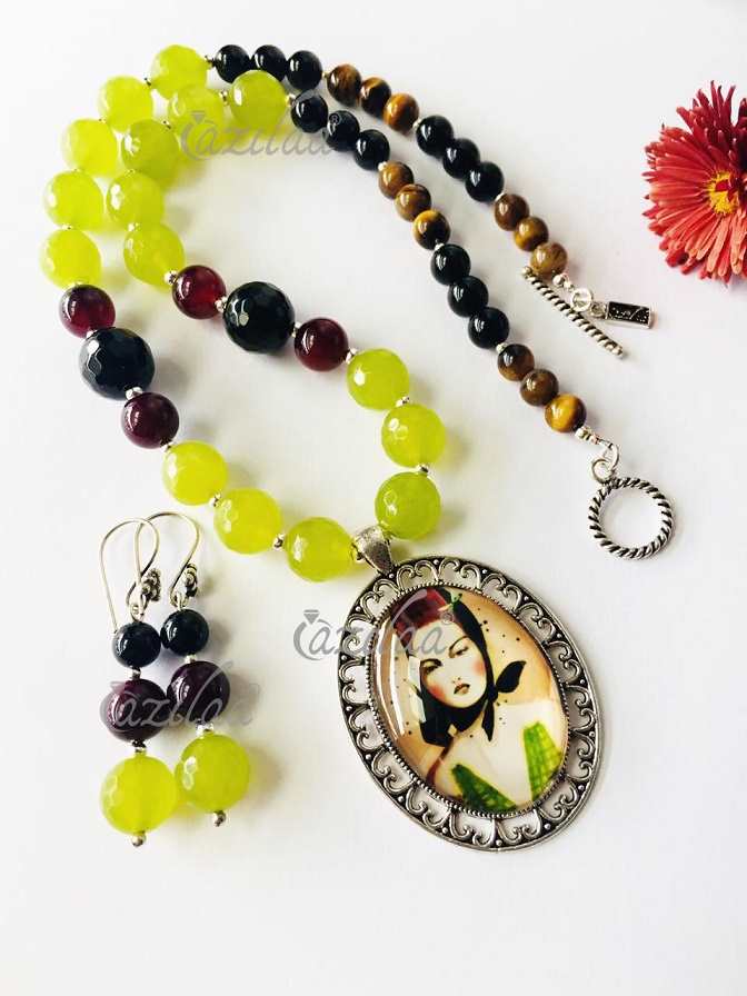 Modern contemporary necklace,lime green spring  gemstone set