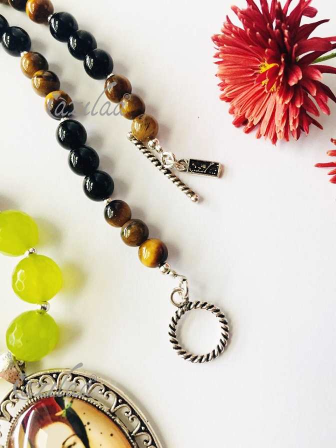 Modern contemporary necklace,lime green spring  gemstone set