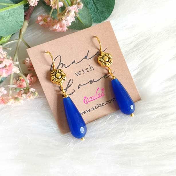 Blue drop flower dangler gold plated earrings