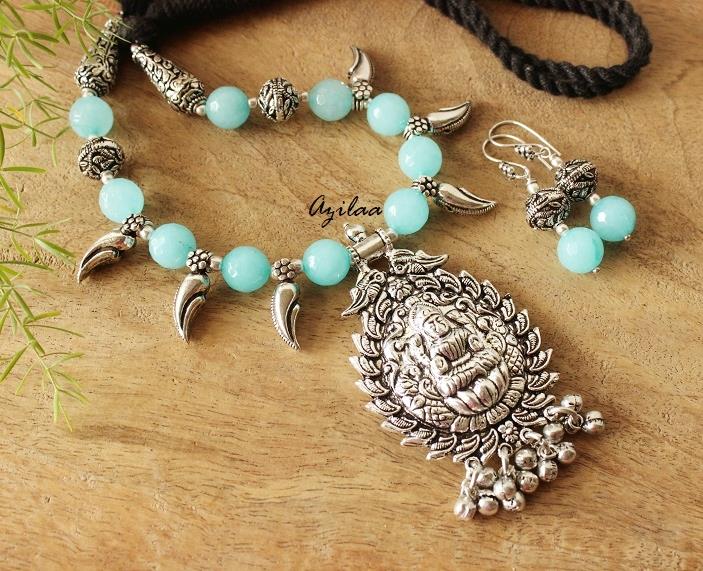 Goddess Laxmi pendant necklace set, Blue gemstone jewellery