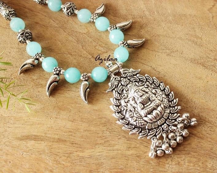 Goddess Laxmi pendant necklace set, Blue gemstone jewellery