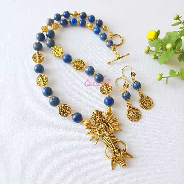 Goddess Durga blue lapis golden gemstone necklace set