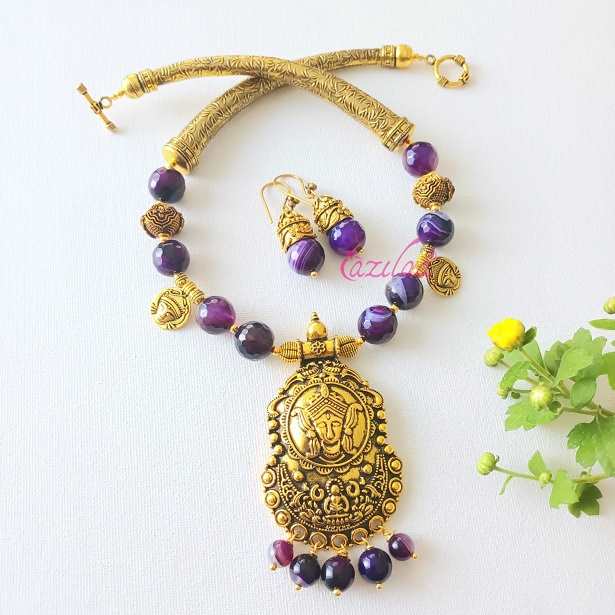 Goddess Durga golden gemstone PURPLE necklace set