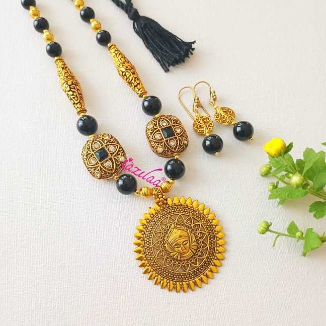 Goddess Durga golden gemstone black onyx necklace set