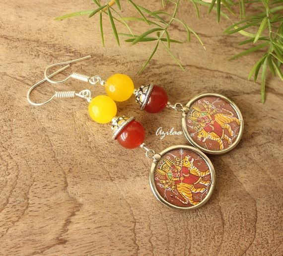 Goddess Durga handpainted gemstone silver earrings