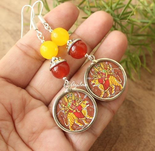 Goddess Durga handpainted gemstone silver earrings