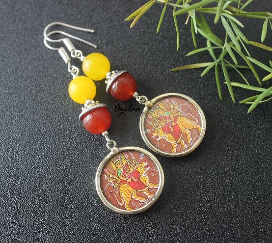 Goddess Durga handpainted gemstone silver earrings
