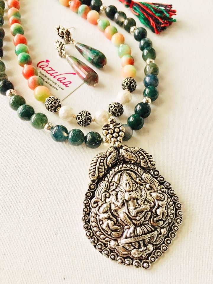 Goddess Laxmi Peach green Gemstone beaded handmade necklace set