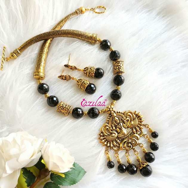  Goddess Laxmi gemstone antique gold tone necklace set