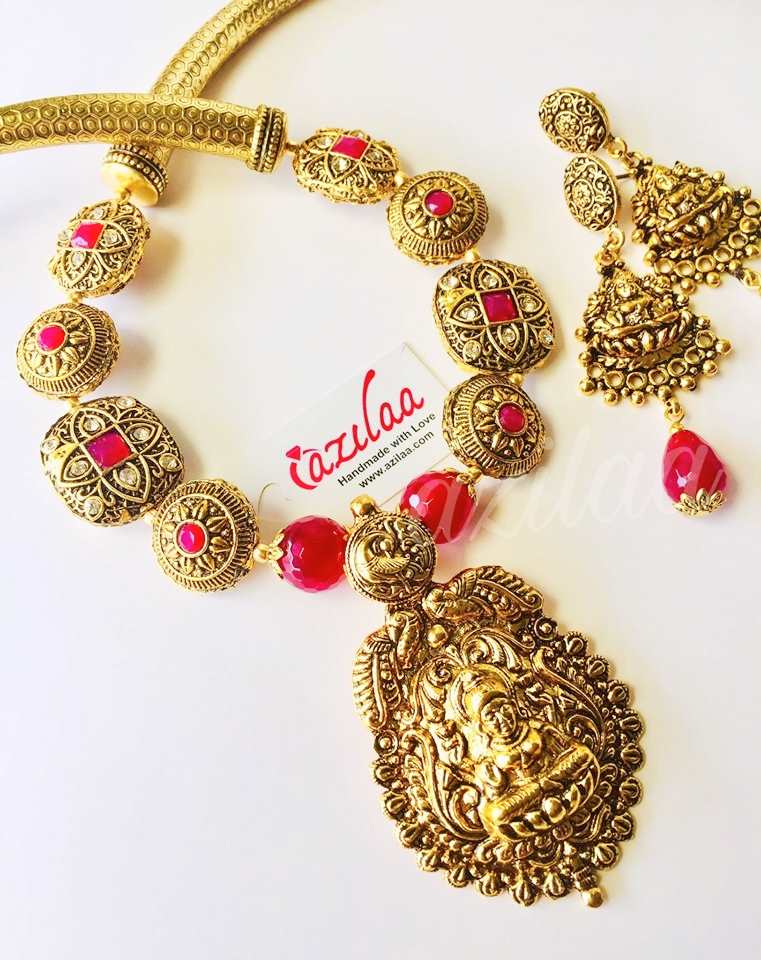 Goddess Laxmi maroon gemstone antique gold tone necklace set
