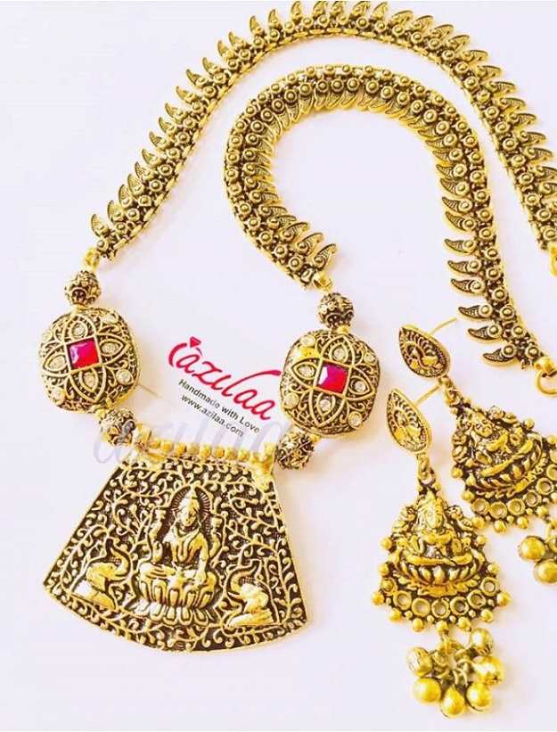  Goddess Laxmi maroon gemstone antique gold tone necklace set