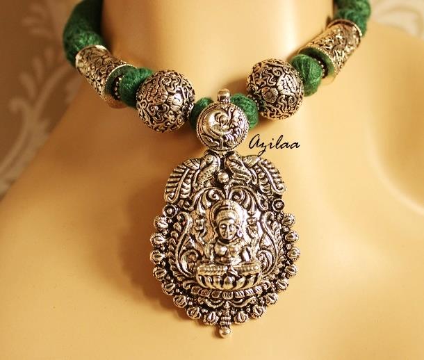 Goddess Laxmi antique silver plated necklace earrings set