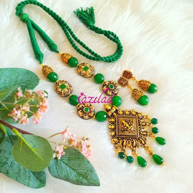 Godess Laxmi antique Golden green Statement necklace set
