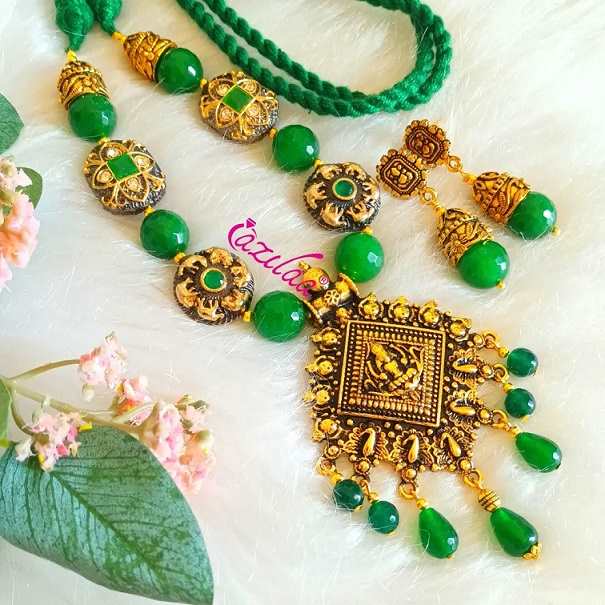 Godess Laxmi antique Golden green Statement necklace set