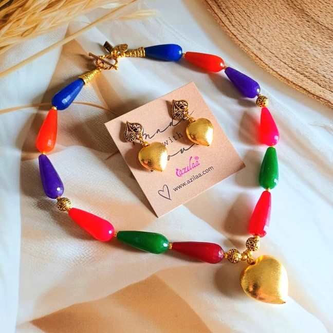 Golden Heart gemstone handmade beaded necklace set