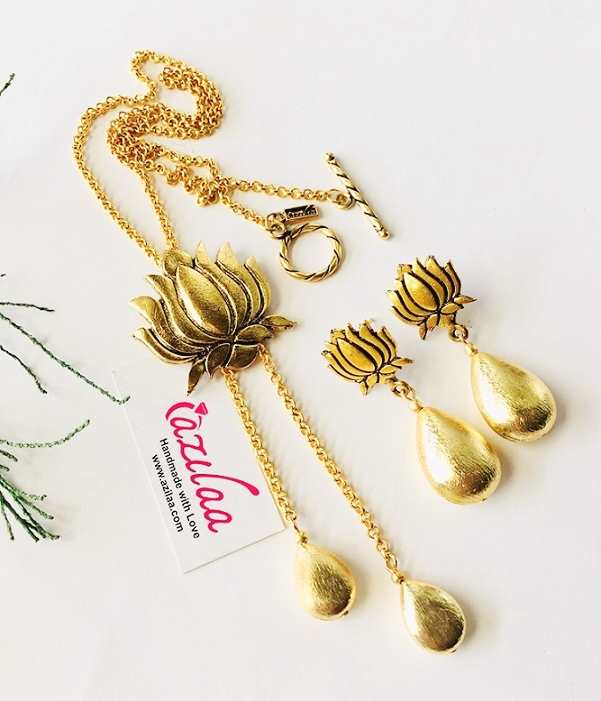 Golden Lotus designer handmade necklace chain earring set
