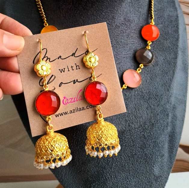  Golden Red Jhumki dangler bridal pearl earrings
