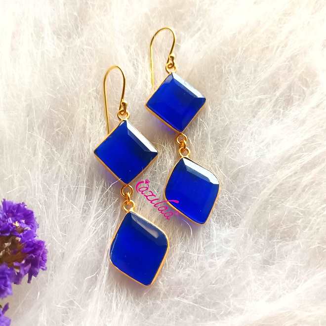 Golden geometric blue drop dangler party earrings