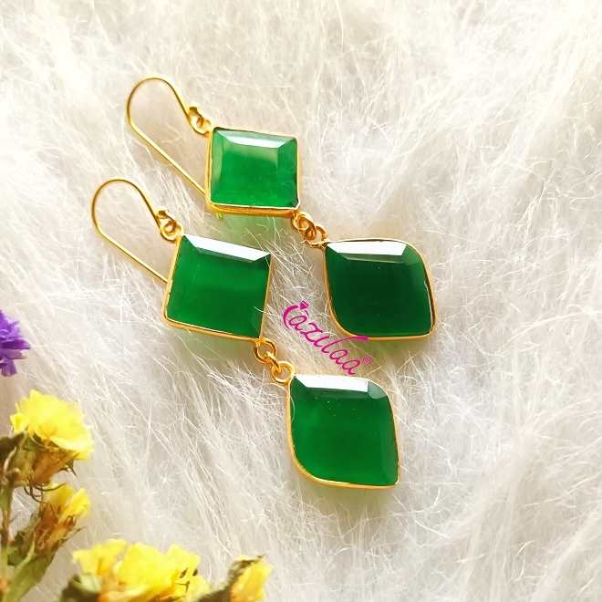 Golden geometric  green drop dangler party earrings