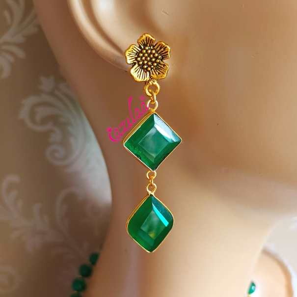 Golden geometric green drop dangler party earrings