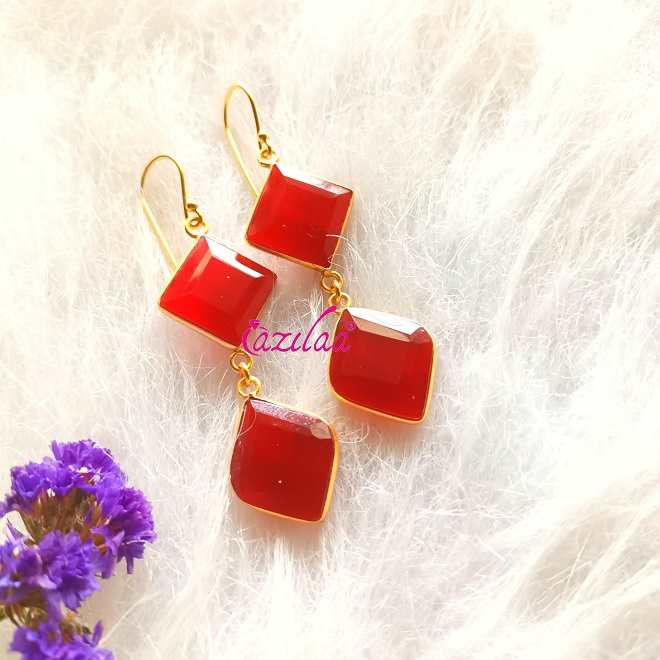 Golden geometric red drop dangler party earrings