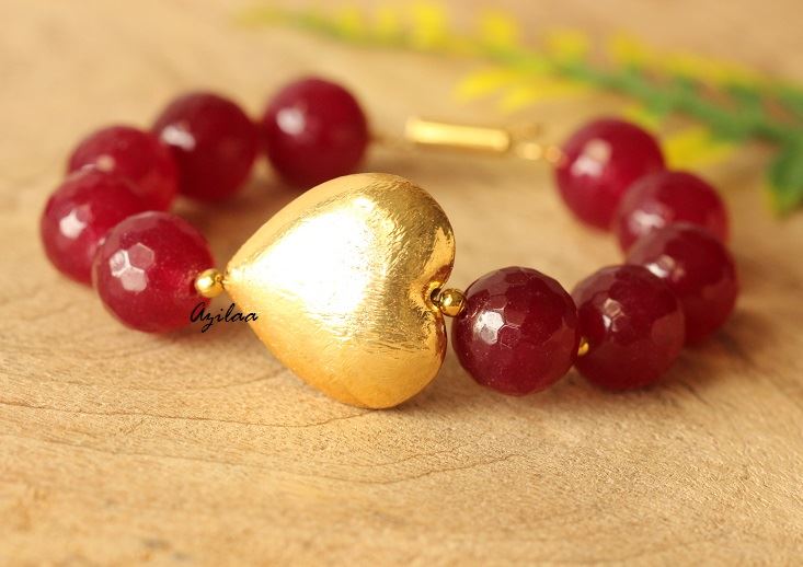 Golden heart Valentine maroon gemstone handmade bracelet