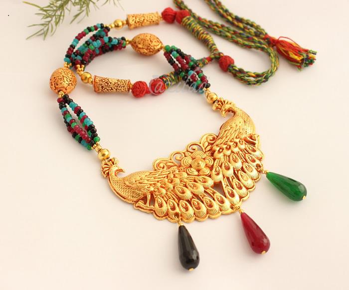 Golden peacock Statement handmade blue maroon green necklace 