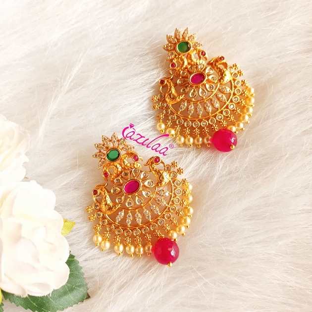  Golden peacock maroon dangler CZ earrings