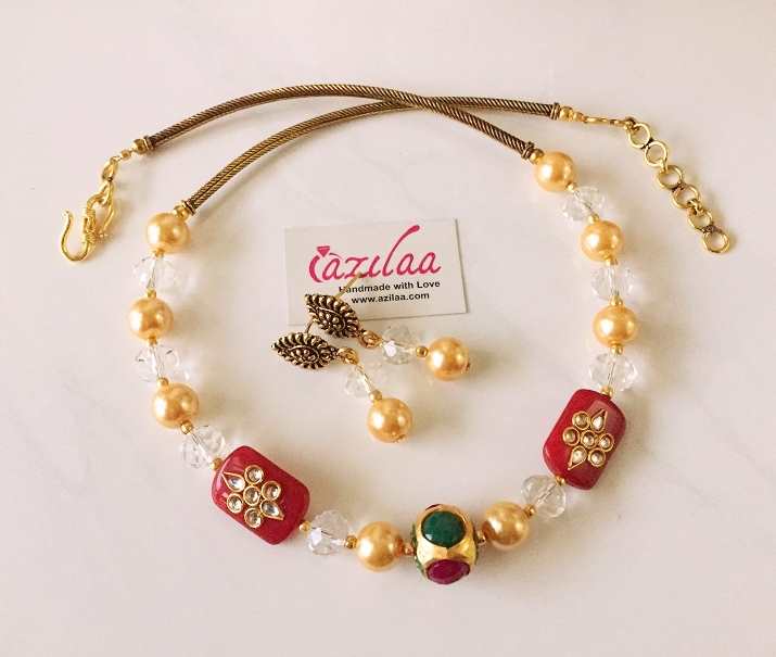 Golden pearl crystal antique gold tone necklace earrings set