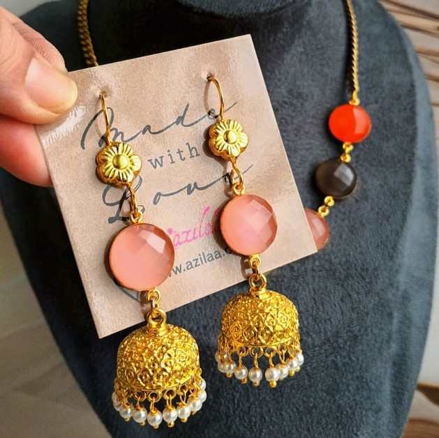  Golden pink Jhumki dangler earrings