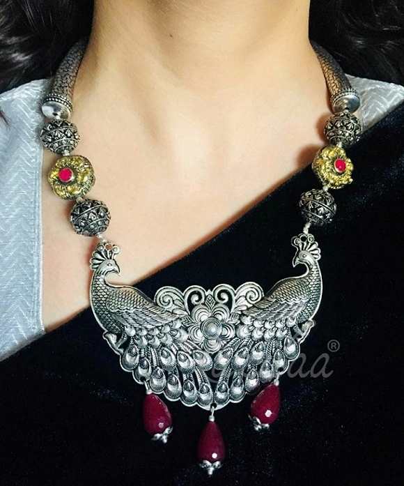 Gorgeous Maroon Peacock Statement handmade necklace set