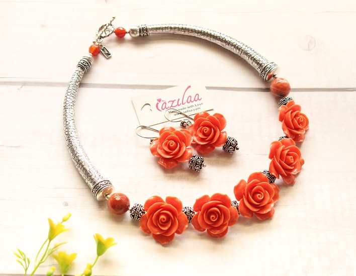 Gorgeous Salmon rose charm beaded silver tone necklace set