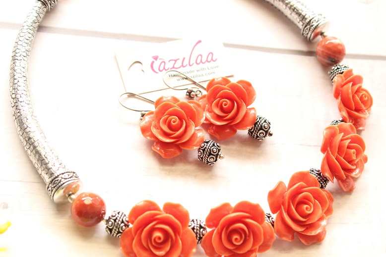Gorgeous Salmon rose charm beaded silver tone necklace set