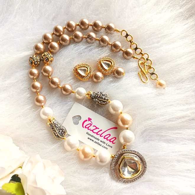 Gorgeous dual tone pearl cz pendant necklace earrings