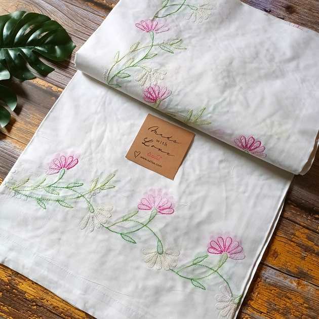 Gorgeous floral white cotton hand embroidered table cloth 01