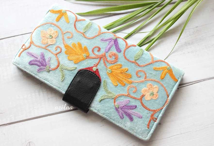 Gorgeous sky blue velvet embroidery purse wallet