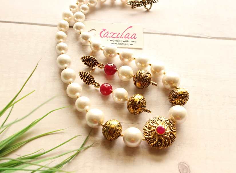 Graduated ruby red Pearl designer golden necklace earrings set